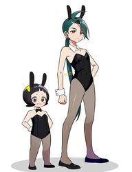  2girls ahoge black_footwear black_hair black_leotard blush_stickers closed_mouth collarbone commentary_request dated detached_collar earrings full_body genjitsu_o_miro green_hair grin hair_between_eyes highres jewelry leotard long_hair multiple_girls pantyhose pokemon pokemon_sv ponytail poppy_(pokemon) rika_(pokemon) shoes smile standing teeth white_background wrist_cuffs 