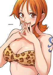  :p alternate_costume animal_print aosora2823 armpit_crease artist_name bandeau bikini breasts brown_eyes cleavage collarbone commentary female fingernails flipped_hair from_side hand_to_own_mouth highres large_breasts leopard_print linea_alba looking_at_viewer nail_polish nami_(one_piece) one_piece orange_hair orange_nails own_hands_together parted_bangs print_bikini short_hair shoulder_tattoo simple_background single_sidelock solo steepled_fingers strapless strapless_bikini swimsuit tattoo taut_bikini taut_clothes tongue tongue_out upper_body white_background yellow_bikini 