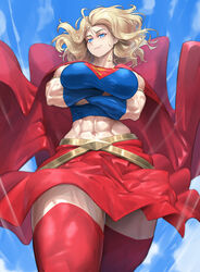  702_96 abs absurdres armband belt blonde_hair blue_eyes blue_sky breasts cape cloud crossed_arms dc_comics flying highres large_breasts looking_at_viewer looking_down medium_hair midriff mole mole_under_mouth muscular muscular_female navel red_socks skirt sky smile smirk socks supergirl thick_thighs thighhighs thighs wavy_hair wind zettai_ryouiki 