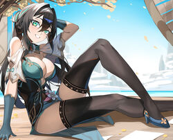  aqua_dress aqua_eyes aqua_gloves arm_up bare_shoulders bead_necklace beads black_hair black_thighhighs blue_footwear blue_sky breasts capelet chinese_commentary clothing_cutout commentary_request dress female foot_out_of_frame gloves grin hair_intakes head_tilt high_heels highres honkai:_star_rail honkai_(series) jewelry knee_up large_breasts long_hair looking_at_viewer necklace ponytail ruan_mei_(honkai:_star_rail) shoulder_cutout sitting sky smile solo soranoki thighhighs thighs very_long_hair white_capelet 