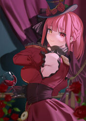  bare_shoulders black_hat blunt_bangs blurry breasts closed_mouth commentary_request cowboy_shot cup depth_of_field detached_sleeves dress drinking_glass female flower from_side hand_up hat hat_flower heterochromia highres holding holding_cup hololive houshou_marine houshou_marine_(gothic_lolita) indoors large_breasts looking_at_viewer looking_back medium_hair official_alternate_costume red_dress red_eyes red_flower red_hair red_rose rose ruiuncle shadow smile solo top_hat virtual_youtuber wine_glass yellow_eyes 