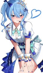  blue_eyes blue_hair blue_nails blush bow buttons collar collared_shirt commentary_request cropped_jacket curly_hair dress_bow female fingernails hair_between_eyes hairbow hands_on_own_thighs headset highres hiiragi_melt hololive hololive_idol_uniform_(bright) hoshimachi_suisei jacket lace lace_trim leaning_forward looking_at_viewer nail_polish official_alternate_costume parted_lips ponytail puffy_sleeves shirt short_hair side_ponytail simple_background skirt smile solo star_(symbol) star_in_eye sweat symbol_in_eye thighs tiara virtual_youtuber white_background white_jacket white_shirt white_skirt 