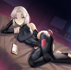  alternate_costume bare_shoulders black_leotard black_thighhighs breasts cellphone cellphone_charm charm_(object) covered_navel drake_(nikke) english_commentary female full_body gloves goddess_of_victory:_nikke hand_on_own_hip highleg highleg_leotard highres indoors leotard looking_at_viewer lying monitor on_bed on_side phone red_eyes red_gloves short_hair sidelocks smile stirrup_legwear syde_b thighhighs toeless_legwear white_hair 