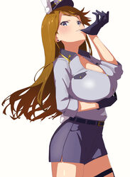  absurdres animal_ears belt belt_buckle biting black_belt black_gloves blue_eyes blue_shirt blue_shorts breast_lift breasts brown_hair buckle cl_(h-sys.) cleavage cowboy_shot earrings eyelashes fake_animal_ears fake_tail female glove_biting gloves hat highres huge_breasts idolmaster idolmaster_million_live! idolmaster_million_live!_theater_days jewelry legwear_garter long_hair looking_at_viewer open_clothes open_shirt police police_hat police_uniform rabbit_ears rabbit_tail shirt short_shorts shorts simple_background solo straight_hair swept_bangs tail tokoro_megumi uniform white_background 