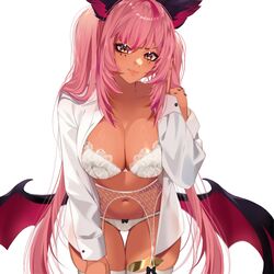  animal_ears black_bow bow bow_panties bra breasts brown_eyes cleavage closed_mouth collarbone collared_shirt dark-skinned_female dark_skin eyelashes facial_mark female garter_belt heart heart_facial_mark highres indie_virtual_youtuber lace_garter_belt large_breasts leaning_forward long_hair long_sleeves low_wings navel open_clothes open_shirt panties pink_hair raituna second-party_source shirt solo thigh_gap thighhighs trickywi underwear virtual_youtuber white_bra white_garter_belt white_shirt white_thighhighs wings 