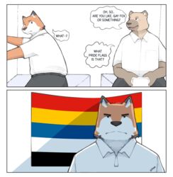  absurd_res anthro callmetatsuo canid canine china clothed clothing duo english_text five-colored_flag_(republic_of_china) fox fur hi_res hyena male male/male mammal meme orange_body orange_fur stare text 