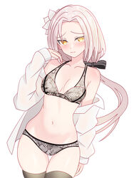  absurdres aug_(girls&#039;_frontline) black_bow black_thighhighs blush bow bra breasts closed_mouth cowboy_shot embarrassed female flower gilijim girls&#039;_frontline grey_hair hair_flower hair_ornament hairbow highres lingerie long_hair looking_at_viewer mole mole_under_eye navel off_shoulder open_clothes open_shirt panties shirt simple_background solo stomach thighhighs underwear white_background white_shirt yellow_eyes 