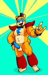  5_fingers anthro balls bear biped bracelet claws erection fingers five_nights_at_freddy&#039;s five_nights_at_freddy&#039;s:_security_breach genital_piercing genitals glamrock_freddy glans hi_res humanoid_genitalia humanoid_penis jewelry male mammal one_eye_closed open_mouth open_smile penis penis_piercing piercing prince_albert_piercing scottgames smile solo spiked_bracelet spikes steel_wool_studios tail witherrose1 