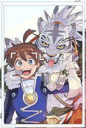  alk_(world_flipper) anthro cygames duo felid fur hi_res human juicypokewf looking_at_viewer male mammal nimbus_(world_flipper) pantherine photo simple_background size_difference smile tiger tongue white_background white_body white_fur world_flipper 