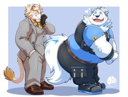  anthro ass astosis belt blonde_hair blush canid canine canis clothing domestic_dog duo felid fur hair heart_symbol lifewonders lion live_a_hero male male/male mammal necktie nordic_sled_dog overweight overweight_male pantherine samoyed spitz suit teasing topwear uwsponge vest white_body white_fur yohack 