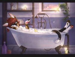  anthro bath bathtub bubble bubble_bath calico_cat candle candlelight claw_foot_bathtub claws cozy domestic_cat faucet felid feline felis female hair hi_res light mammal mearah partially_submerged pawpads plant popping_bubble red_hair relaxing rubber_duck soft_lighting solo sunset tail window yshanii 