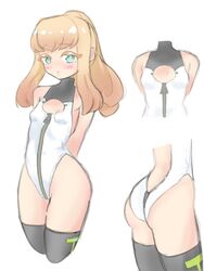  alice_gear_aegis ameno_rain8_26 bare_shoulders blonde_hair breasts center_opening circle_cutout cleavage_cutout closed_mouth clothing_cutout companion/af female front_zipper green_eyes groin highleg highleg_leotard highres leotard long_hair looking_at_viewer multiple_views noelle_francesca ponytail sidelocks simple_background sleeveless_turtleneck_leotard small_breasts thighhighs turtleneck turtleneck_leotard two-tone_leotard white_background white_leotard zipper_leotard zipper_pull_tab 