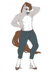  3:4 anthro belly blaze_(marking) bottomwear brown_hair clothed clothing dallas_prairiewind denim denim_bottomwear denim_clothing equid equine eyewear facial_markings fur grey_body grey_fur hair hand_behind_head head_markings hi_res hooves horse jeans leg_markings male mammal markings maryvic pants simple_background socks_(marking) solo sunglasses topless topless_male visible_underwear white_belly 