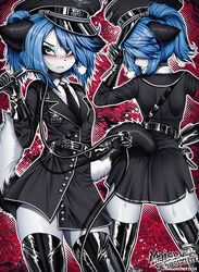  abstract_background absurd_res anthro armband ass avian belt bird black_clothing black_dress black_ears blue_eyes blue_hair blush bodily_fluids canid canine clothing cross dress femboy footwear fox fur galliform gloves hair handwear harness hat headgear headwear hi_res inner_ear_fluff iron_cross knee_highs knee_socks leather leather_clothing leather_harness legwear looking_at_viewer looking_back makeup male mammal marble_fox medal military_cap military_uniform moisha_(tweenstrip) nazi nazi_uniform necktie partieiadler phasianid ponytail rear_view red_fox skull_accessory socks solo sweat tail true_fox tuft tweenstrip uniform whip white_body white_fur 