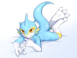  anthro aquatic_dragon blue_body claws digital_media_(artwork) dragon feet fin fishy_fizz foot_focus hi_res looking_at_viewer male marine mythological_creature mythological_scalie mythology nude paws scalie simple_background smile solo tail toes 