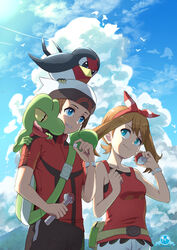  1boy absurdres animal_on_head asada_yo beanie bird bird_on_head blue_eyes bow_hairband bracelet breasts brendan_(pokemon) brown_hair cloud commentary_request day fanny_pack female hairband hat highres holding holding_poke_ball jewelry may_(pokemon) on_head outdoors poke_ball poke_ball_(basic) pokeblock_case pokemon pokemon_(creature) pokemon_on_head pokemon_oras red_hairband red_shirt shirt short_sleeves shorts sky sleeveless sleeveless_shirt smile taillow treecko white_hat white_shorts yellow_bag zipper_pull_tab 