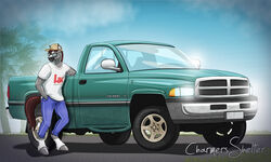  5:3 anthro bottomwear brown_eyes brown_hair charmersshelter clothing dallas_prairiewind denim denim_bottomwear denim_clothing dodge_(brand) dodge_ram equid equine eyewear fur grey_body grey_fur hair hand_in_pocket heckler_and_koch hooves horse jeans leaning_on_object leg_markings looking_at_viewer male mammal markings pants pockets smile socks_(marking) solo sunglasses 