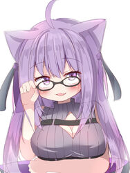  :d absurdres ahoge animal_ears arm_under_breasts bare_shoulders black-framed_eyewear blush breasts cat_ears cleavage cleavage_cutout clothing_cutout commentary_request female glasses grey_sweater hand_up highres hololive long_hair looking_at_viewer medium_breasts nekomata_okayu nekomata_okayu_(8th_costume) oerba_yun_fang official_alternate_costume purple_eyes purple_hair ribbed_sweater simple_background sleeveless sleeveless_sweater sleeveless_turtleneck smile solo sweater turtleneck turtleneck_sweater umberblack upper_body very_long_hair virtual_youtuber white_background 