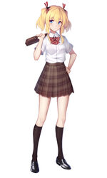  absurdres arnold-s bad_id bad_pixiv_id bag black_footwear black_socks blonde_hair blue_eyes bow bowtie briefcase brown_skirt checkered_clothes checkered_skirt female full_body glowworm_(warship_girls_r) hairband hand_on_own_hip highres holding holding_bag kneehighs polished_shoes shirt shoes short_sleeves simple_background skirt socks solo standing thighs twintails warship_girls_r white_background white_shirt 