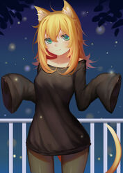  absurdres animal_ears aqua_eyes black_pantyhose blonde_hair blue_background blush cat_ears cat_tail closed_mouth collarbone cowboy_shot female fireflies highres long_hair long_sleeves looking_at_viewer messy_hair night original pantyhose revision shrugging sleeves_past_wrists smile solo sonikey0_0 tail thigh_gap w_arms wide_hips wide_sleeves 