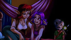  2boys anju blue_eyes breasts cleavage commentary couple fairy female gameplay_mechanics height_difference highres kafei large_breasts link long_skirt mask multiple_boys night on_bed plague_of_gripes pointy_ears purple_hair rape_face red_eyes red_hair side_slit skirt straight tatl the_legend_of_zelda the_legend_of_zelda:_majora&#039;s_mask voyeurism you_gonna_get_raped young_link 