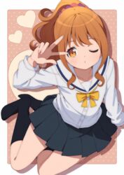  black_skirt brown_eyes brown_hair commentary_request eromanga_sensei female heart jinno_megumi mon0351 one_eye_closed polka_dot polka_dot_background ponytail sailor_collar school_uniform serafuku short_hair skirt socks solo v 