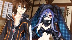  1boy animal_ears blue_eyes blue_hair blush brown_hair effole_(fairy_fencer_f) eyepatch fairy_fencer_f fang_(fairy_fencer_f) female game_cg hood hoodie long_hair official_art open_mouth red_eyes tsunako 