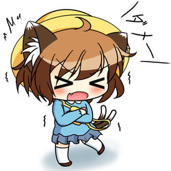  &gt;_&lt; ahoge alternate_costume animal_ears aqua_shirt bag blue_skirt blush brown_footwear brown_hair cat_ears cat_tail chen chibi closed_eyes collared_shirt commentary_request crossed_arms facing_viewer female full_body hat kindergarten_bag kindergarten_uniform kurumai long_sleeves miniskirt multiple_tails nekomata no_nose oerba_yun_fang one-hour_drawing_challenge open_mouth pleated_skirt school_hat shirt shoes short_hair skirt solo standing standing_on_one_leg tail thighhighs touhou translation_request two_tails white_background white_thighhighs 