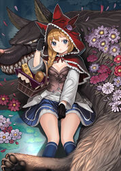  bad_id bad_pixiv_id basket black_eyes black_gloves blue_legwear blush braid bread breasts brown_hair cheese cleavage female flower food frills frown gloves highres hood kneehighs little_red_riding_hood_(lord_of_vermillion_iii) long_hair looking_at_viewer lord_of_vermilion lord_of_vermilion_iii medium_breasts outdoors petals ryou_(effort) sitting skirt slit_pupils socks teeth wolf 