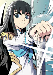  bakuzan black_hair blue_eyes carillus commentary_request epaulettes female glint highres junketsu kill_la_kill kiryuuin_satsuki long_hair long_sleeves photoshop_(medium) school_uniform sword thick_eyebrows weapon 