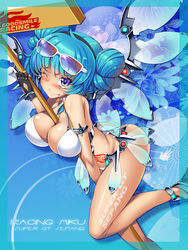  aqua_hair between_breasts bikini blue_hair blush body_writing breasts character_name cleavage commentary_request dark_skin double_bun eyewear_on_head female fingerless_gloves gloves goodsmile_company goodsmile_racing hair_bun hatsune_miku high_heels highres large_breasts mechanical_wings no_socks one_eye_closed photoshop_(medium) race_queen racing_miku racing_miku_(2013) racing_miku_(2013_sepang_ver.) sign smile solo sunglasses swimsuit tan torisan transparent_wings vocaloid wings 