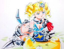  beargguy_iii blonde_hair blue_eyes breasts butt_crack cleavage drill_hair gundam gundam_build_fighter gundam_build_fighters knight_gundam traditional_media yajima_caroline 