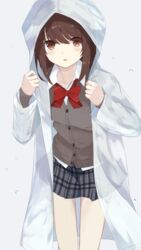  blush brown_eyes brown_hair commentary_request female grey_background huuyu_1z long_sleeves looking_at_viewer original parted_lips plaid plaid_skirt raincoat school_uniform see-through short_hair simple_background skirt solo water_drop 