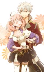  1boy atelier_(series) atelier_escha_&amp;_logy black_skirt choker closed_eyes commentary_request escha_malier female hat hug hug_from_behind logix_ficsario messy_hair pink_hair satsu short_hair skirt smile thighhighs twintails white_hair white_legwear yellow_eyes 