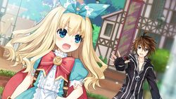  1boy ahoge blonde_hair blue_eyes blush brown_hair fairy_fencer_f fang_(fairy_fencer_f) female game_cg hair_ribbon hairband official_art open_mouth outstretched_hand ribbon rolo_(fairy_fencer_f) tsunako 