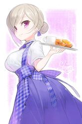  apron aya-chan_(minoa) blonde_hair blue_apron blue_bow blue_bowtie blue_ribbon blue_skirt bow bowtie breasts closed_mouth commentary_request croissant cup danish_text denmark eyebrows_hidden_by_hair female food from_behind gingham gingham_apron hair_bun hair_ribbon hand_up high-waist_skirt holding holding_plate kobeya_uniform large_breasts looking_at_viewer minoa_(lastswallow) original pastry plate pleated_shirt purple_eyes ribbon shirt short_sleeves signature single_hair_bun skirt smile solo swept_bangs tray underbust white_shirt 