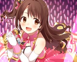  brown_eyes brown_hair chisumi commentary_request earrings elbow_gloves female gloves glowstick holding holding_microphone idolmaster idolmaster_cinderella_girls idolmaster_cinderella_girls_starlight_stage jewelry long_hair microphone one_side_up open_mouth shimamura_uzuki smile solo stage_of_magic_(idolmaster) upper_body wavy_hair white_gloves 