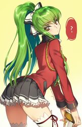  ? amagi_brilliant_park boots bow c.c. code_geass cosplay creayus duplicate female gradient_background green_hair hairbow holding leaning_forward long_hair looking_at_viewer lossy-lossless pixel-perfect_duplicate pleated_skirt ponytail sento_isuzu sento_isuzu_(cosplay) skirt solo thighhighs uniform white_thighhighs yellow_eyes 