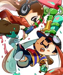  2boys :o animal_crossing bag baseball_cap black_hair brown_hair bunsuke commentary_request company_connection goggles goggles_on_headwear gun hat headphones ink_tank_(splatoon) inkling inkling_player_character male_focus monster_boy mother_(game) mother_2 multiple_boys ness_(mother_2) oerba_yun_fang open_mouth paint_roller shirt shorts smile solid_oval_eyes splat_bomb_(splatoon) splat_roller_(splatoon) splatoon_(series) splatoon_1 splattershot_(splatoon) striped_clothes striped_shirt super_smash_bros. super_soaker tentacle_hair villager_(animal_crossing) weapon 