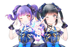  2girls bad_id bad_pixiv_id bang_dream! black_bow black_choker black_eyes black_hair blue_bow blush bow bowtie bridal_veil center_frills choker dress drumsticks feathers flower frills grin hair_flower hair_ornament hairbow highres holding holding_drumsticks looking_at_viewer multiple_girls one_eye_closed outstretched_arm purple_hair red_eyes sakuragawa_megu sidelocks simple_background smile twintails udagawa_ako upper_body v v-shaped_eyebrows v_over_eye veil voice_actor voice_actor_connection white_background yuyuyugoonn 