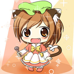  :d alternate_costume animal_ears blush bow brown_eyes brown_hair cat_ears cat_tail chen chibi commentary_request dress dress_bow eyes_visible_through_hair female frilled_dress frills full_body green_hat happy hat holding holding_microphone kurumai long_sleeves microphone mob_cap multicolored_hair multiple_tails nekomata oerba_yun_fang one-hour_drawing_challenge open_mouth orange_background pink_dress pink_footwear short_hair smile solo sparkle standing tail touhou two_tails yellow_bow 