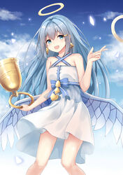  absurdres angel angel_wings bell bell_earrings bellringer_angel blue_bow blue_eyes blue_hair blue_ribbon blush bow commentary_request criss-cross_halter earrings female hair_ornament hairclip halo halterneck highres jewelry long_hair looking_at_viewer open_mouth ribbon shadowverse smile solo wings ym_(distance819) 