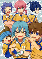  6+boys anger_vein blue_eyes blue_hair blush brown_hair closed_eyes commentary_request headband inazuma_eleven_(series) inazuma_eleven_go kageyama_hikaru kariya_masaki kirino_ranmaru lightning_bolt_symbol male_focus matsukaze_tenma multiple_boys nishizono_shinsuke open_mouth photoshop_(medium) pink_hair purple_hair raimon riho soccer_uniform sportswear star_(symbol) tears tsurugi_kyousuke twintails yellow_eyes 