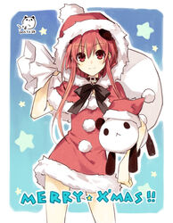  ahoge bag choujigen_game_neptune christmas date_a_live female hat itsuka_kotori neptune_(series) npc official_art red_eyes red_hair sack santa_costume santa_hat santa_suit solo tsukiko tsunako 