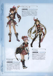  3girls absurdres arms_up bare_shoulders belt black_legwear bow bracelet breasts brown_eyes brown_hair detached_sleeves diantha_(granblue_fantasy) dress elbow_gloves frilled_skirt frills full_body gloves granblue_fantasy hair_bun hair_ornament hand_on_own_hip harie_(granblue_fantasy) highres jacket jewelry layered_skirt linaria_(granblue_fantasy) long_hair looking_at_viewer medium_breasts minaba_hideo multiple_girls non-web_source official_art one_eye_closed open_mouth photoshop_(medium) ponytail puffy_sleeves purple_hair ribbon scan shoes short_dress short_sleeves single_hair_bun skirt smile standing thighhighs twintails very_long_hair zettai_ryouiki 