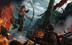  5boys aiming amulet arrow_(projectile) assault_rifle bad_deviantart_id bad_id battle beanie binoculars boots bow_(weapon) breasts bryan_marvin_p._sola clenched_teeth combat_boots dirty dirty_face dutch_angle explosion female fire gun hat highres jumping lara_croft mask mouth_mask multiple_boys pants photoshop_(medium) quiver rainforest rifle small_breasts surrounded tank_top teeth tomb_raider tomb_raider_(reboot) weapon 