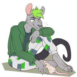  1:1 5_fingers anthro barefoot clothed clothing digital_media_(artwork) duo feet feral fingers fur green_eyes green_hair grey_body grey_fur grey_nose hair hi_res mammal murid murine rat red_eyes redcreator rodent simple_background sitting smile white_background white_body white_fur 