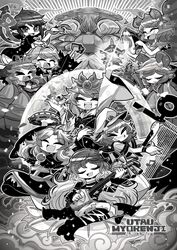  &gt;_&lt; 1boy 6+girls ahoge anchor animal_ears asymmetrical_wings bachi basket beamed_eighth_notes bishamonten&#039;s_pagoda blush_stickers bow capelet closed_eyes cloud commentary dress drum eighth_note facial_hair futatsuiwa_mamizou glasses greyscale hair_ornament happy hat highres hijiri_byakuren hood houjuu_nue instrument japanese_clothes karakasa_obake kasodani_kyouko kumoi_ichirin leaf leaf_on_head long_hair monochrome mouse_(animal) mouse_ears mouse_tail moustache multicolored_hair multiple_girls murasa_minamitsu music musical_note nazrin oerba_yun_fang open_mouth outstretched_arms plectrum raccoon_ears raccoon_tail sailor sailor_collar sailor_hat shamisen shirt short_hair singing sitting skirt skirt_hold smile sorcerer&#039;s_sutra_scroll sunburst taiko_drum tail tatara_kogasa thighhighs toramaru_shou touhou two-tone_hair umbrella unconventional_guitar unzan upside-down wings yokozuwari yt_(wai-tei) zettai_ryouiki 