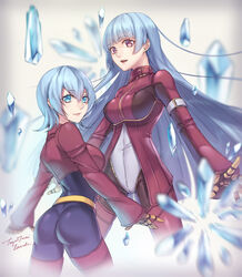  2girls arms_at_sides ass blue_eyes blue_hair blunt_bangs bodysuit candy_diamond closed_mouth commentary cowboy_shot cropped_jacket hair_between_eyes highleg highleg_leotard highres ice kula_diamond leotard long_hair long_sleeves looking_at_viewer multiple_girls parted_lips photoshop_(medium) red_eyes red_legwear short_hair signature smile tenjou_tsuki the_king_of_fighters thighhighs very_long_hair 