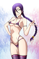  bell bikini braid breasts chikujouin_magane commentary_request earrings female gloves grin hair_bell hair_ornament highleg highres jewelry kenken long_hair medium_breasts navel necklace one_eye_closed purple_hair purple_thighhighs re:creators sharp_teeth single_braid smile solo swimsuit teeth thighhighs torii_earrings yellow_eyes 